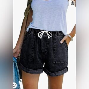 Womens Casual Elastic Waist Rolled Hem Denim Drawstring Loose Fit Jean Shorts